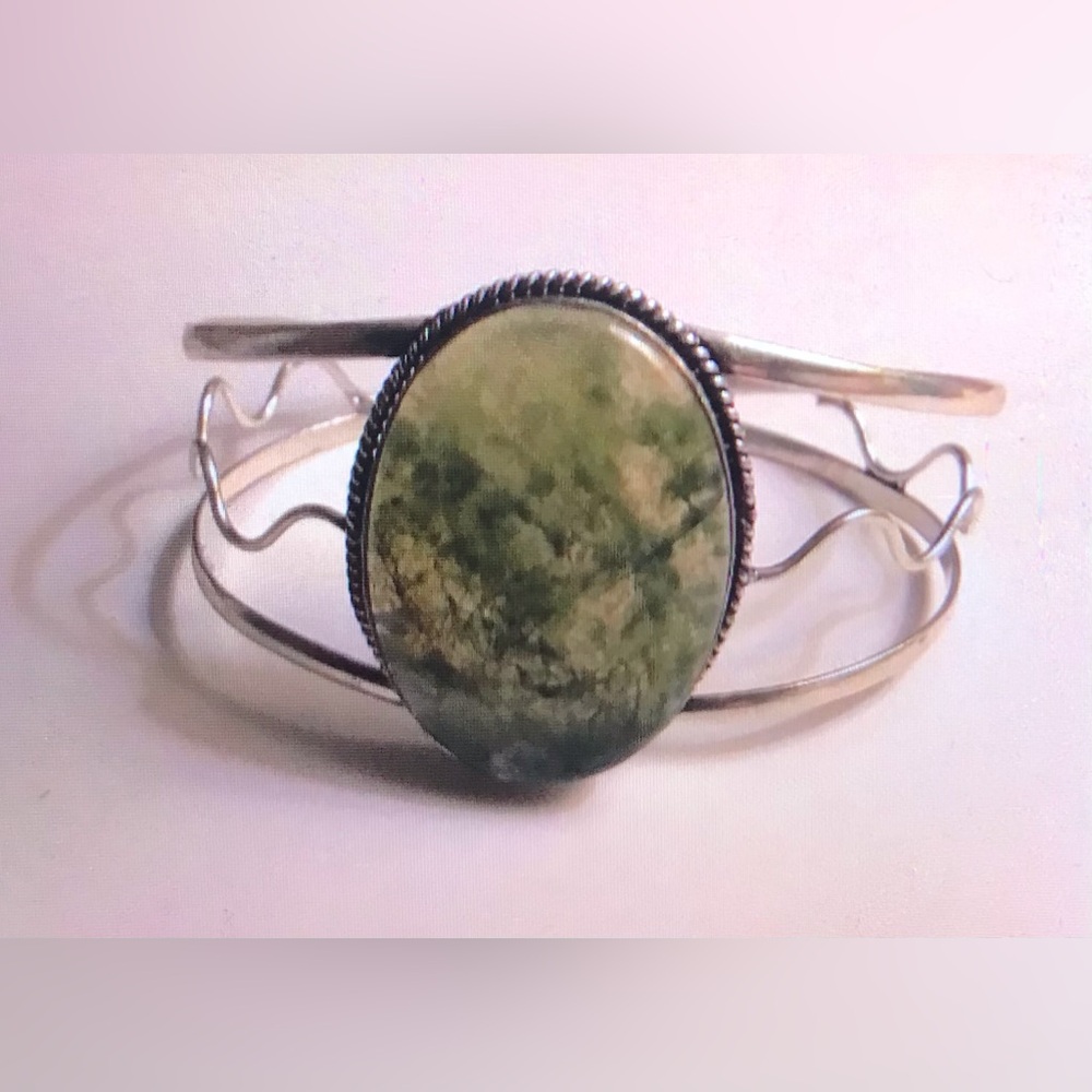 Moss Agate Stamped 925 Sterling Silver Cuff Bracelet